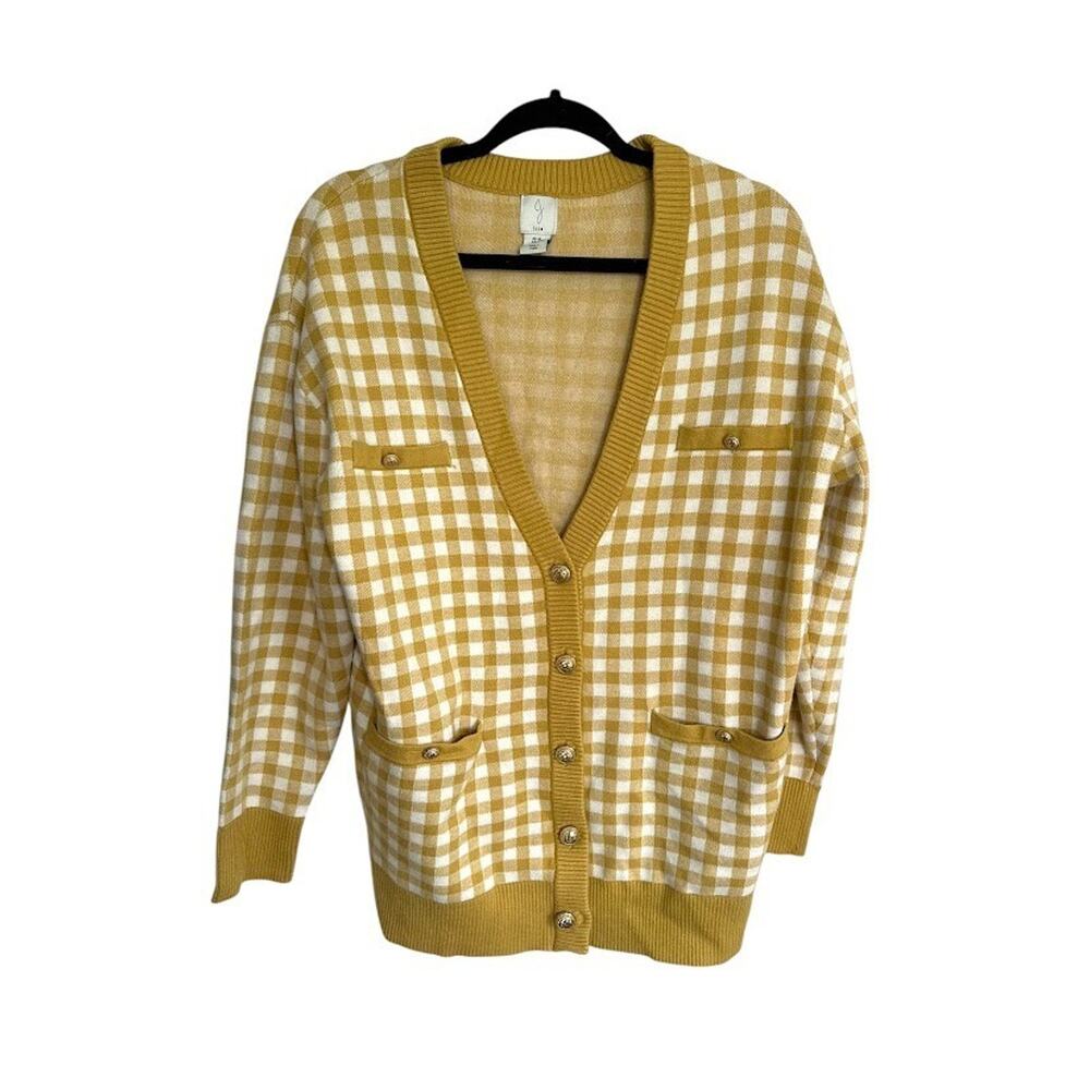 Joie Womens‎ M Oversized Butter Yellow Gingham Cardigan Preppy Academia Grandpa